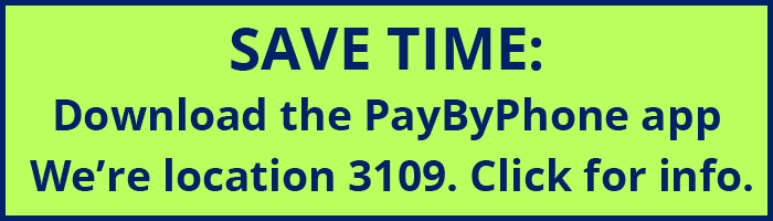 banner says save time, download paybyphone app, location 3109 