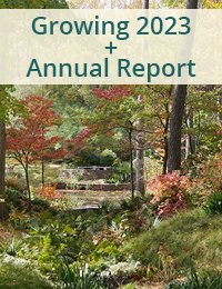 image of a woodland garden in fall with text that says growing 2023 and annual report and links to the publication